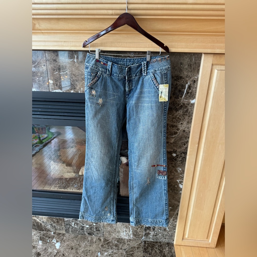 Free people vintage wide leg jeans beadwork patch and distressed new